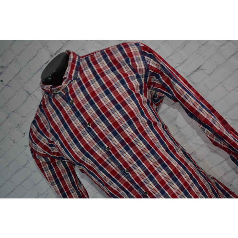 48955 TM Lewin Dress Shirt Mens Size 2XL Red Blue Plaid Cotton